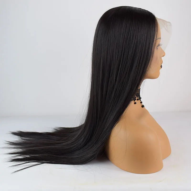 Jet preto cor peruca de cabelo reto sintético 13x4 perucas dianteiras do laço alta qualidade fibra resistente ao calor cabelo meio separação para mulher