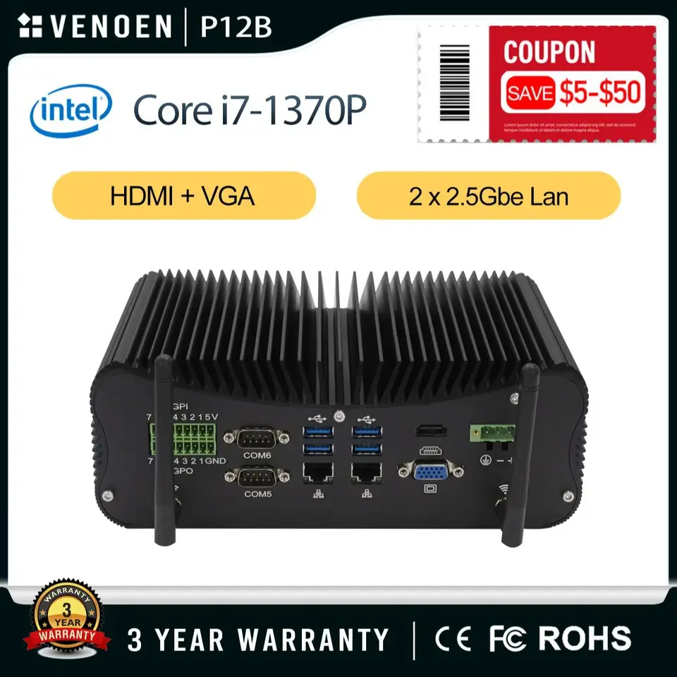 Core i7-1360P i7-1165G7 Fanless Industrial Mini PC 2.5G LAN COM