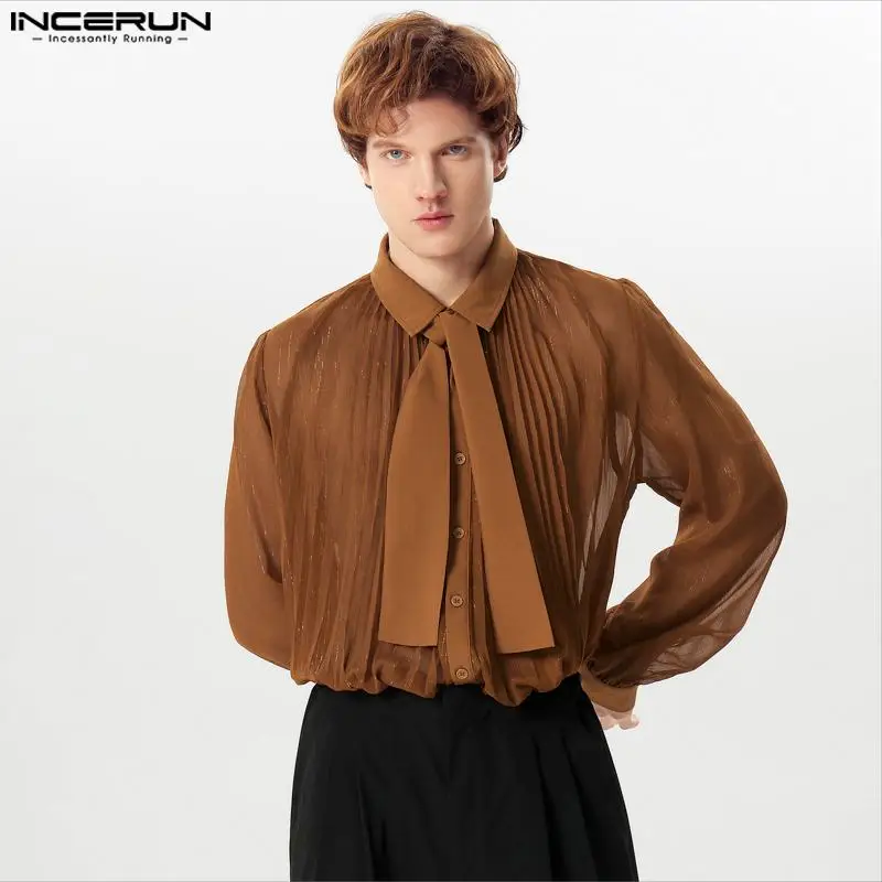 

2024 INCERUN Men Sexy Shirt Mesh See Through Lapel Long Sleeve Tie Pleated Tee Party Men Clothing Tops Streetwear Camisas