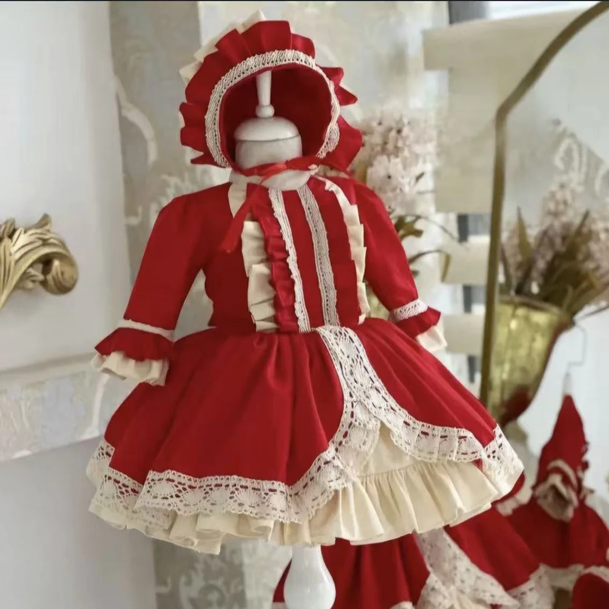 

0-12Y Baby Girl Autumn Winter Red Vintage Princess Dress for Birthday Photography Holiday Eid Christmas C355