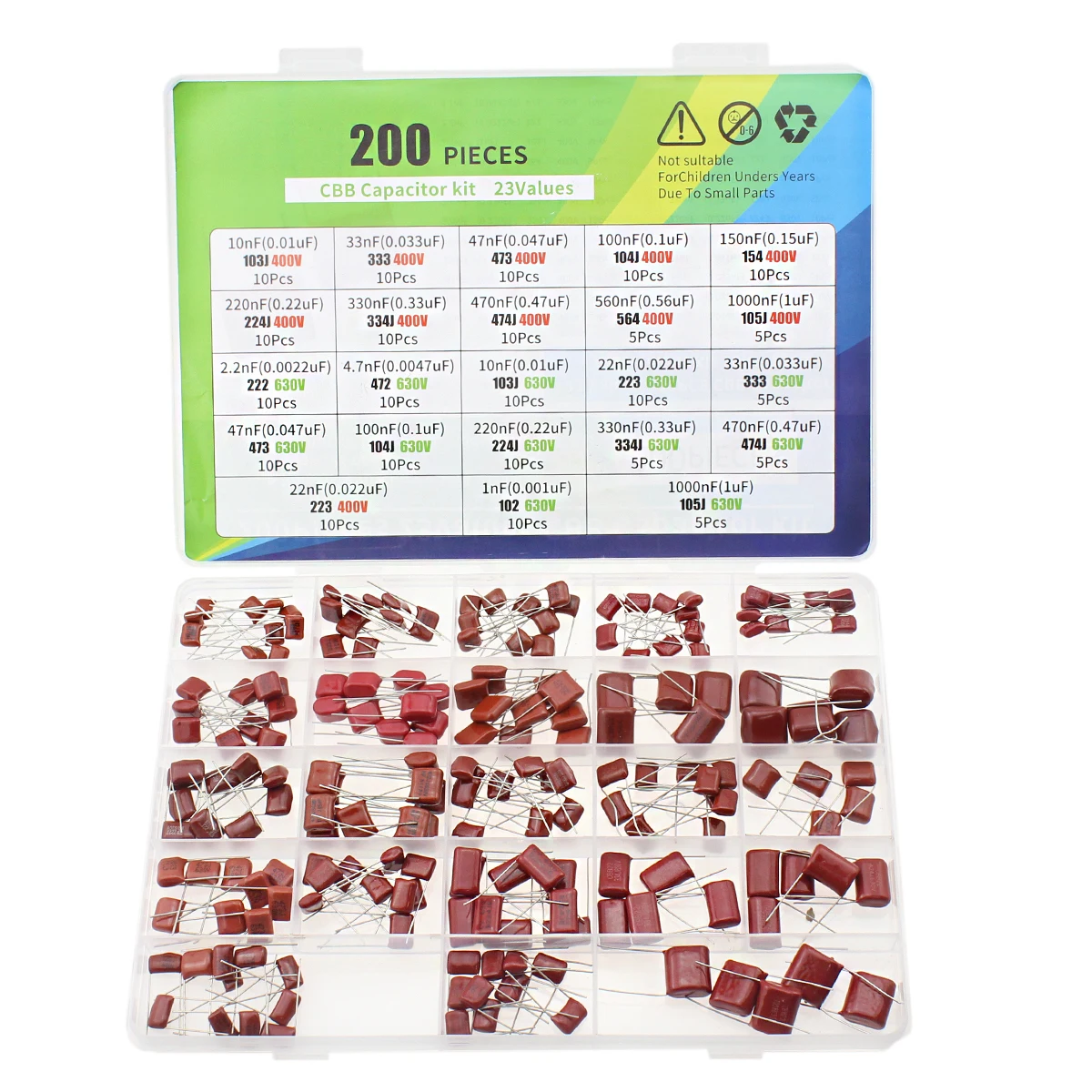 

200 шт. конденсатор CBB, 23 значения 10nF-1000nF 330nF 560nF металлизированные полипропиленовые пленочные конденсаторы постоянного тока 103J 334J 105J, ассортиментный комплект