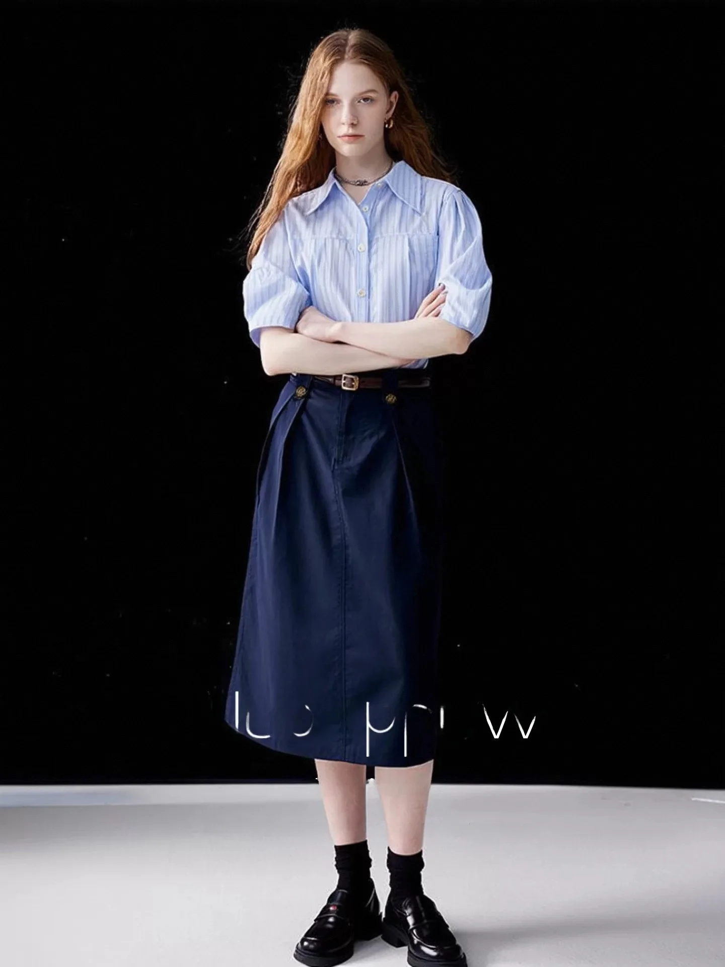 

HUAAPPUW Blue Striped Shirt And High Waist Midi Skirt Two Piece Set Summer 2026 New Vintage Fashion Set Women's Clothing