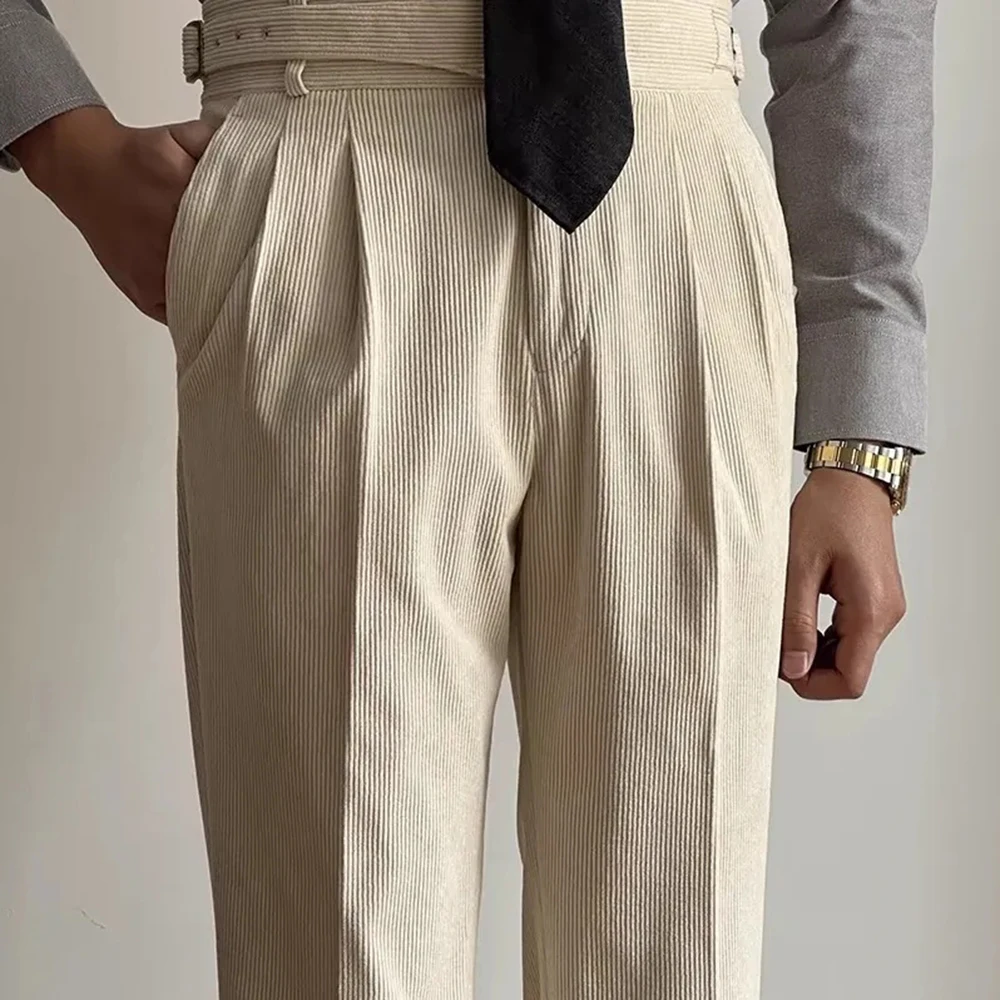 Mens Gurkha Trousers Corduroy Side Button Casual Suit Trousers Autumn Business Adjustable Waist Straight Pants Men\'S Clothing