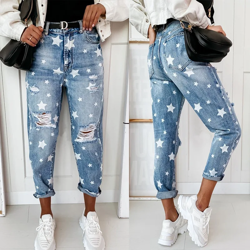 

Wash Jeans Denim Women Straight Pants Pockets Middle Waist Ankle Length Loose Distressed Harem Pants Casual Basics Hole