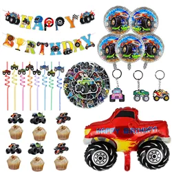 Monster Truck Birthday DIY Party Decoration Pickup Truck Foil Ballon Cupcake Topper Keychain Spiral Straw Boys Birthday Supplies