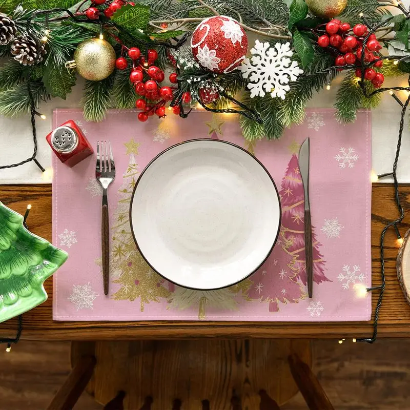 VIKAMA Christmas Placemat Pink Xmas Tree Snowflake Dining Table Home Kitchen Winter Holiday Table Party Decor