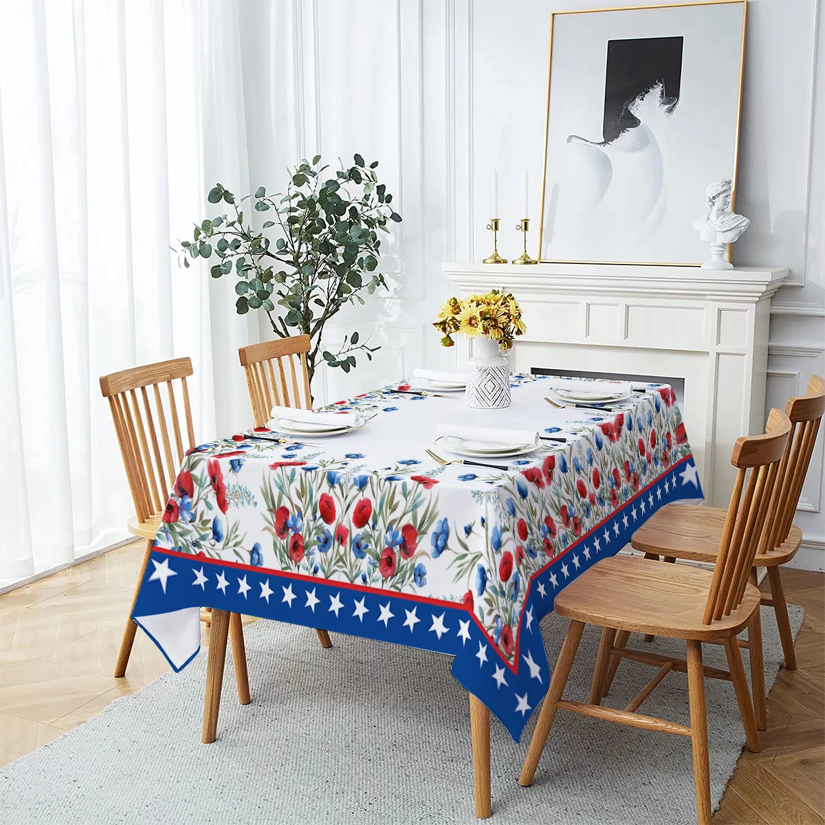 Independence Day Flower Household Anti-fouling Tablecloth Rectangular Coffee Table Waterproof and Oil-proof Fabric Mantel Mesa