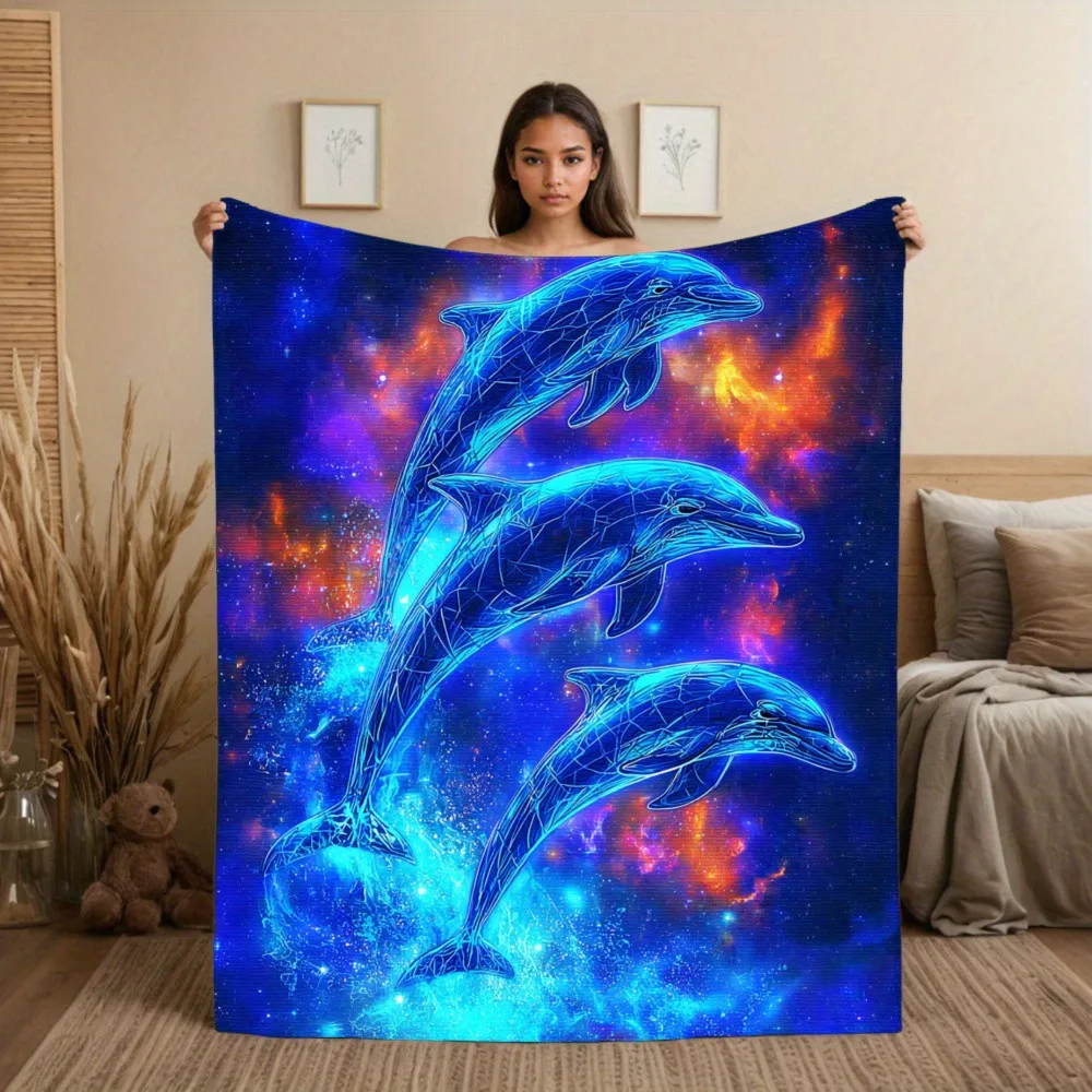 

Blue Dolphins Starry Night Blanket - Soft Flannel Ocean Themed Home Decor Blanket