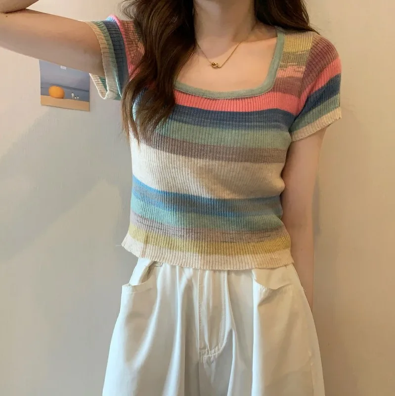 Short-Sleeve Pullovers T-Shirt Summer Colorful Striped Casual Fashion Square Collar Designed New Thin Crop Knitted Top Women