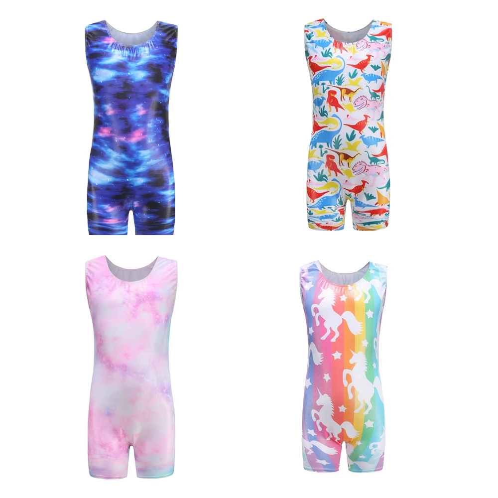 Girls Short Jumpsuits Shiny Spandex Gymnastics Print Ballet Leotards Swimsuit for Dancing One-piece Bodysuit Costume Sleeveless
