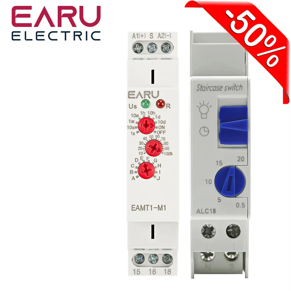 Timer per Scale ALC18 da Montare su Guida DIN, 220VAC 16A, Relè Meccanico con Ritardo, Timer Automatico per Illuminazione di Corridoi e Scale
