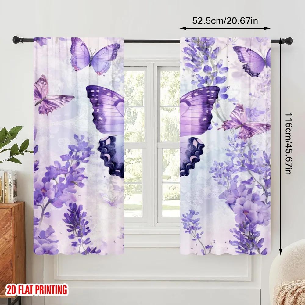 2pcs,2D plane printing Curtain Fabric Lavender Flight Polyester Easy Install (without rod) Decorations Outdoor Perfect for
