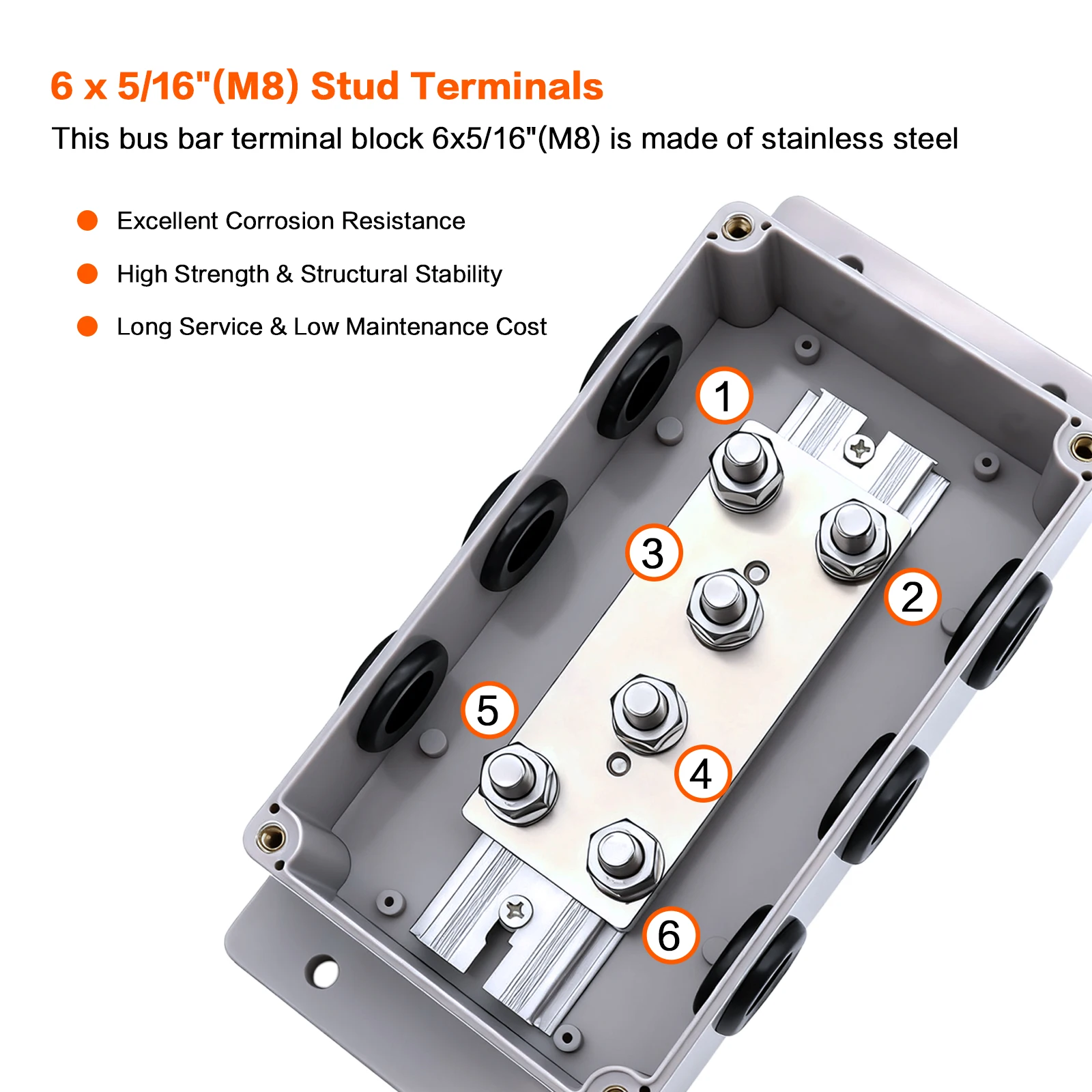 500A 12V Bus Bar Heavy Duty Power Distribution Block with 6 x 5/16