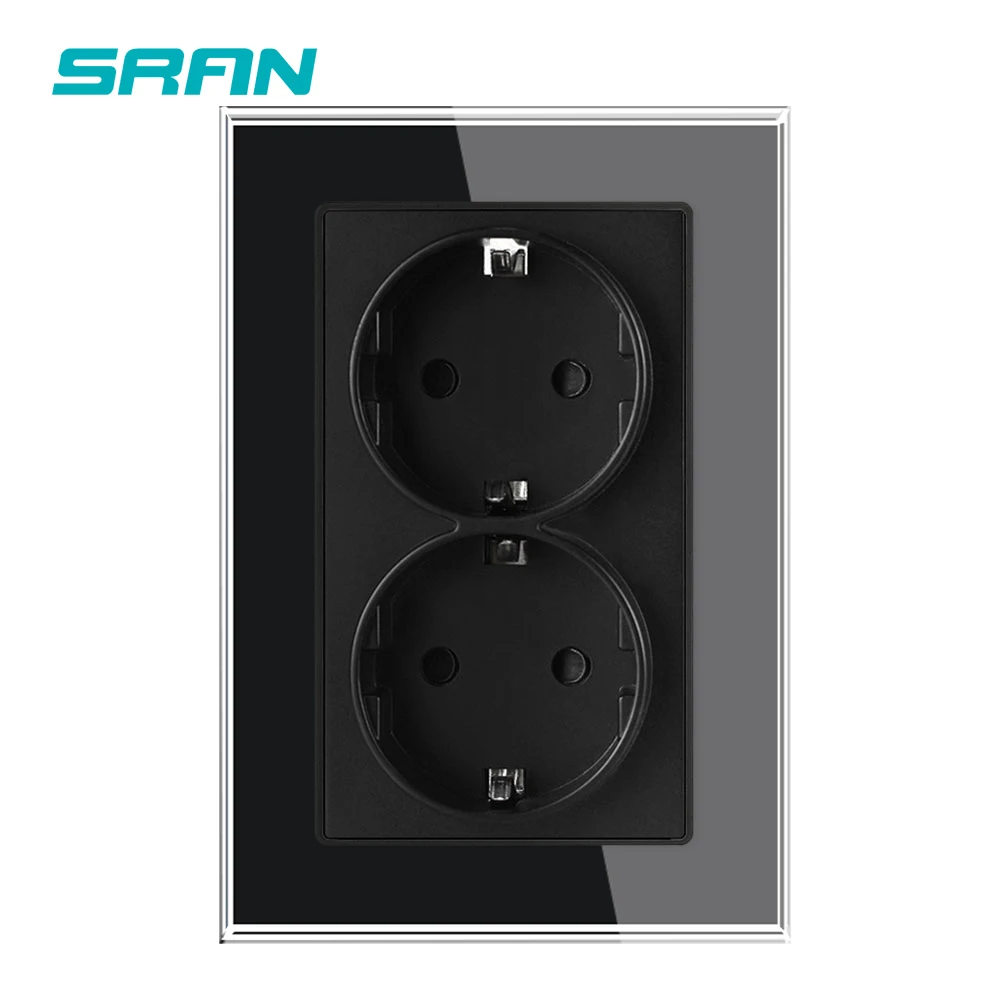 SRAN 16A 250V Wall Double Sockets Upright 122*82mm Crystal Glass Panel EU RU DE ES 2 Frame Electrical Outlets for eu plug