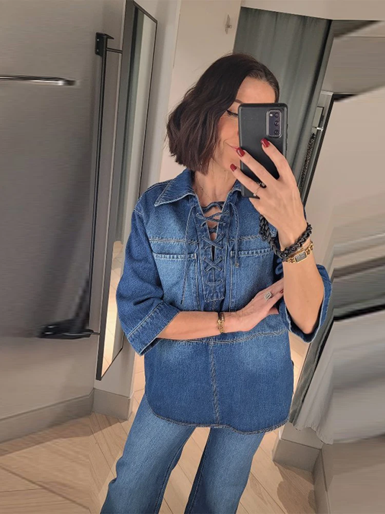 

Vintage Women's Denim Two Piece Set Short Sleeves Lace-Up Shirt Matching High Waist Straight Leg Jeans Casual Daily Outfits