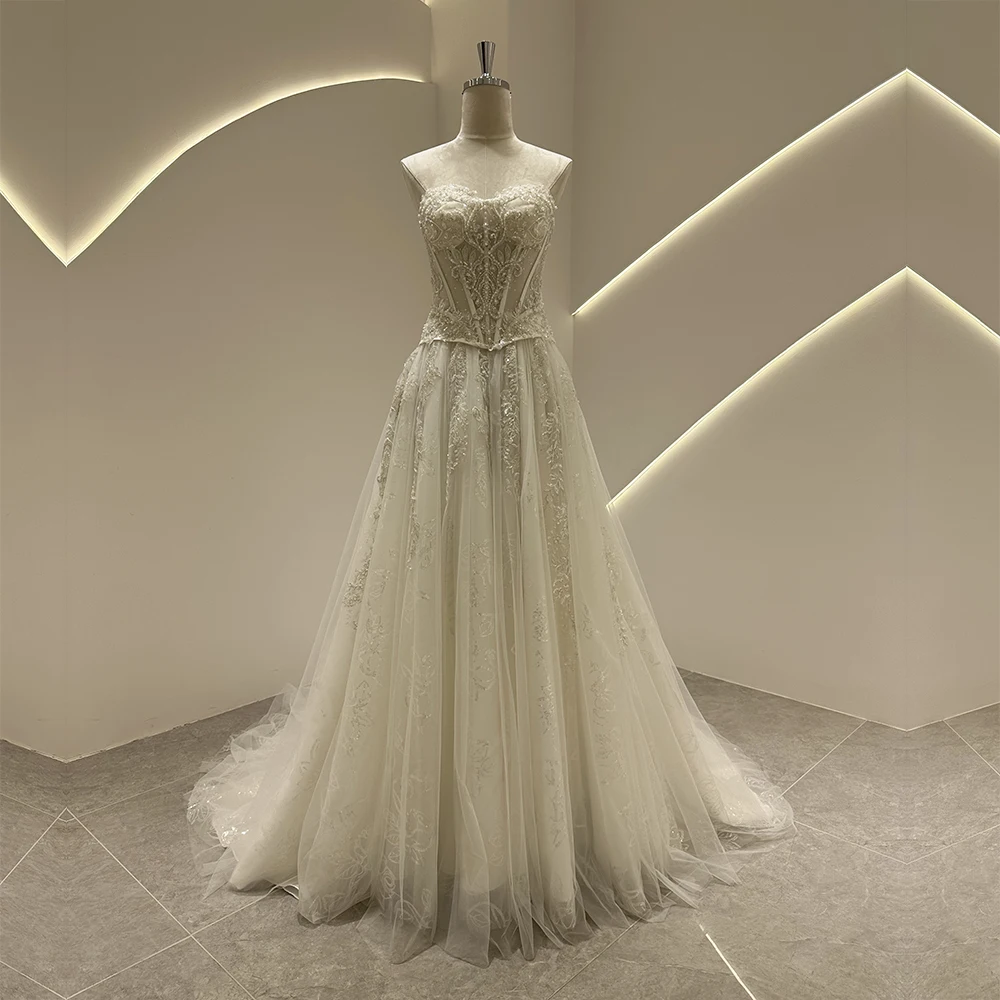 SL-9525 Customized SuLi Romantic Strapless Bride Wedding Dress Lace  Appliques Beading Bohemian See Through Beach Bridal Gown - AliExpress 320