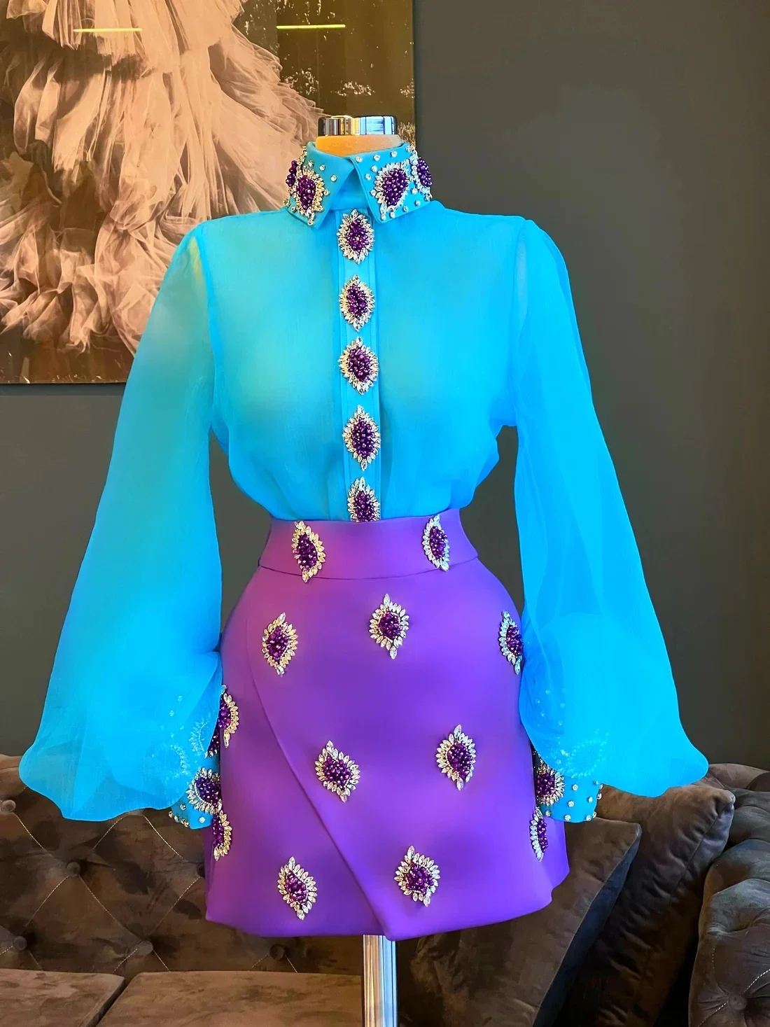 ブルーのカクテルドレス シース 長袖 ビーズ 誕生日パーティー ドレス ショート プロムドレス ホームカミング カスタマイズ