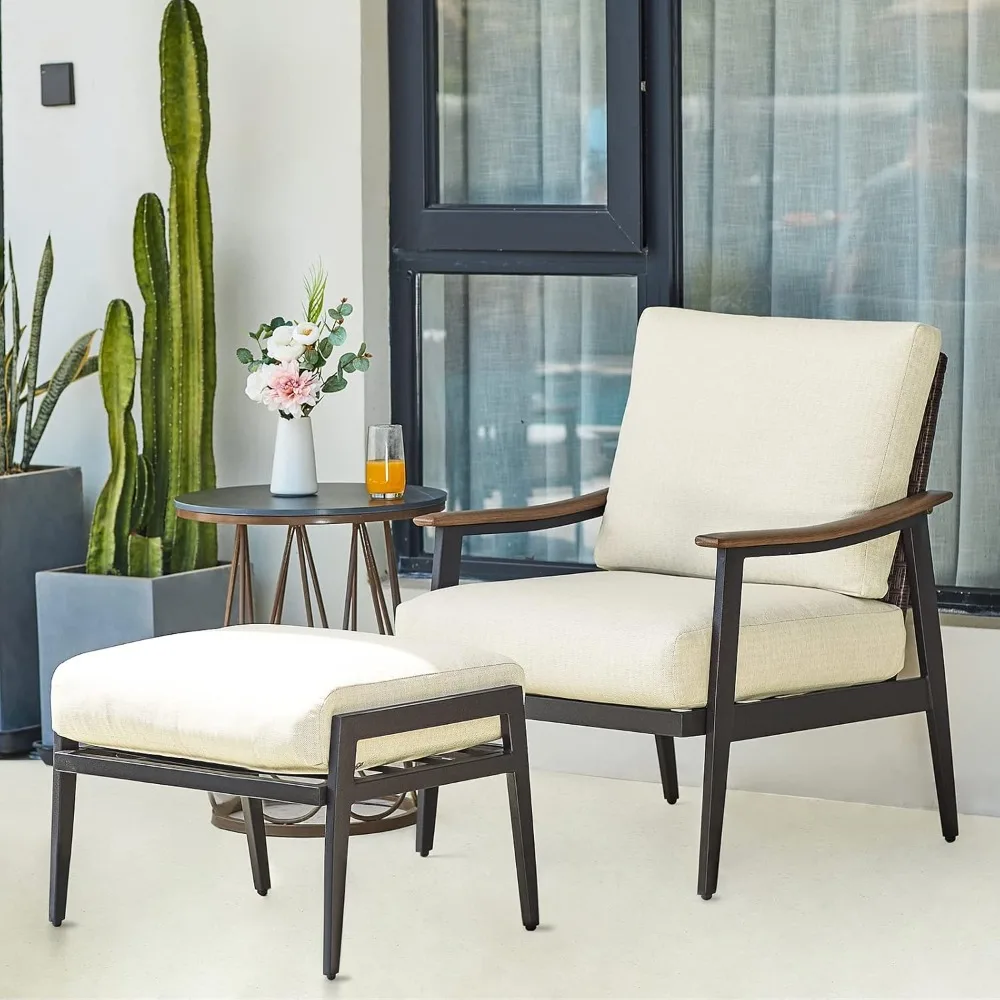 Patio Furniture, Outdoor Furniture Patio Chair Sofa Metal Outdoor Chair with Ottoman, High Back Wicker Backrest