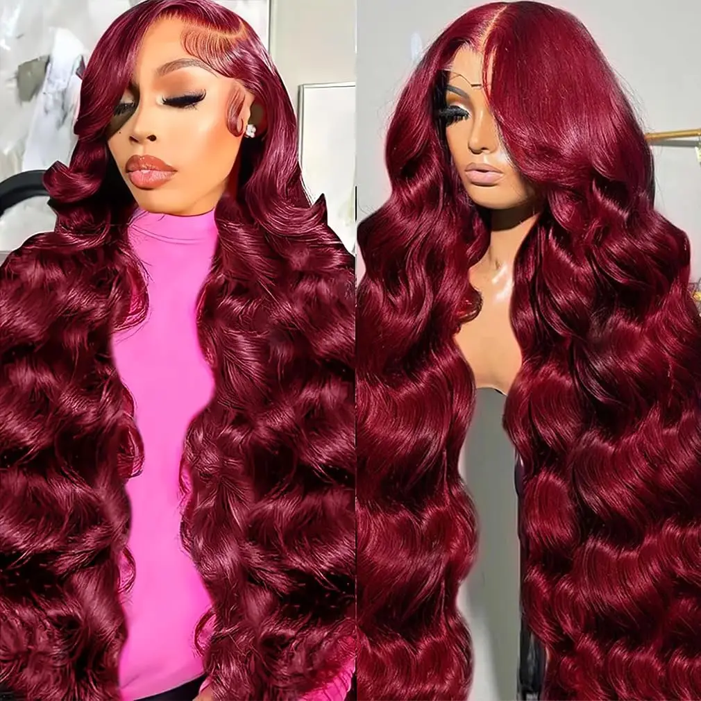 

Красный парик из натуральных волос 99j Burgundy Body Wave с кружевной передней частью 13x4/13x6, 36-40 дюймов, бразильский, для женщин, плотность 250%