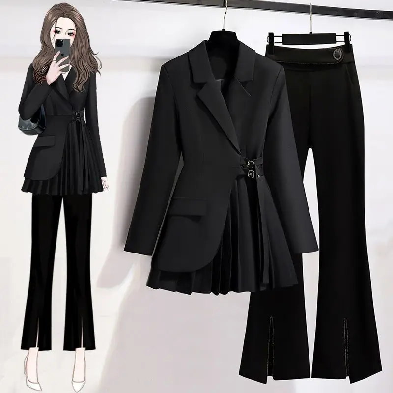 Women\'s Casual Blazer Jacket Matching Set Korean Elegant Spring Autumn Chic Suit Coat+Split Black Pants Two-piece Female Clothes