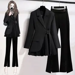 Vrouwen Casual Blazer Jas Bijpassende Set Koreaanse Elegante Lente Herfst Chic Pak Jas + Split Zwarte Broek Twee-stuk Vrouwelijke Kleding