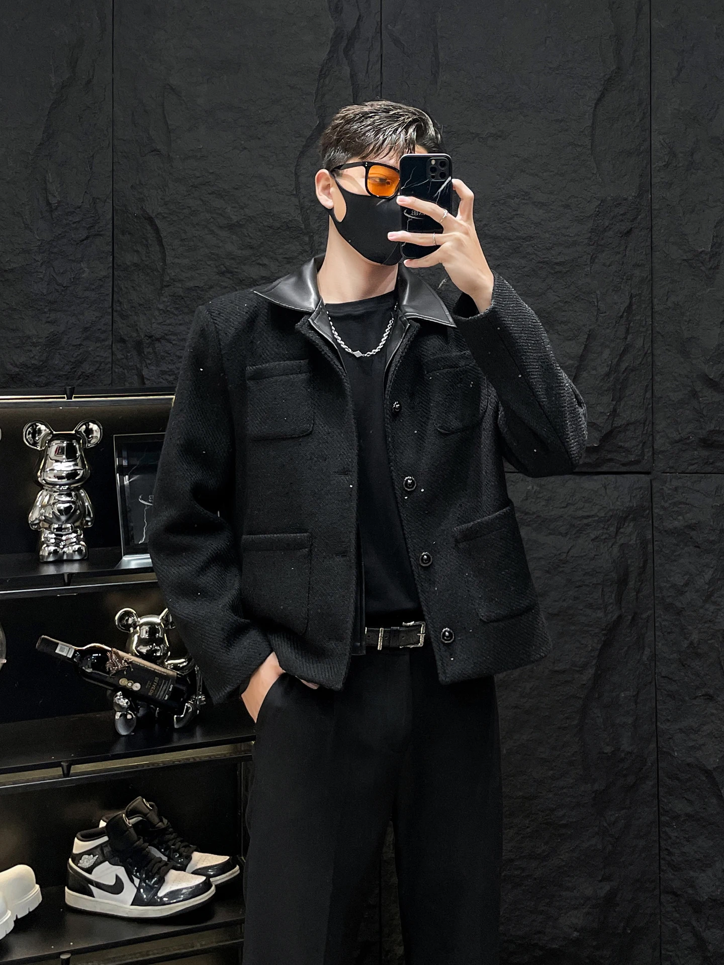 

Кожаное лоскутное пальто Bla для мужчин, осенне-зимнее шерстяное пальто с накладками на плечах, свободное молодежное пальто без железа, модное