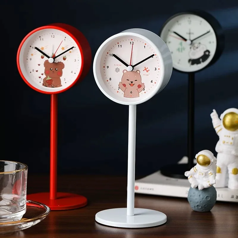 Cute Panda / Bear Children's Alarm Clock - Silent&Non-Ticking Table Clock, Red/Black - Night Light Metal Desk Clock
