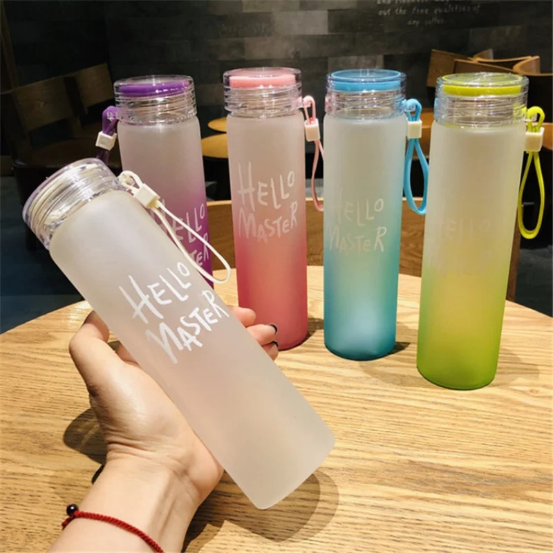 500ml Gradient Color Water Bottle Portable Frosted Colorful Drinking Bottles with Rope Transparent Sports Cup for Outdoor School