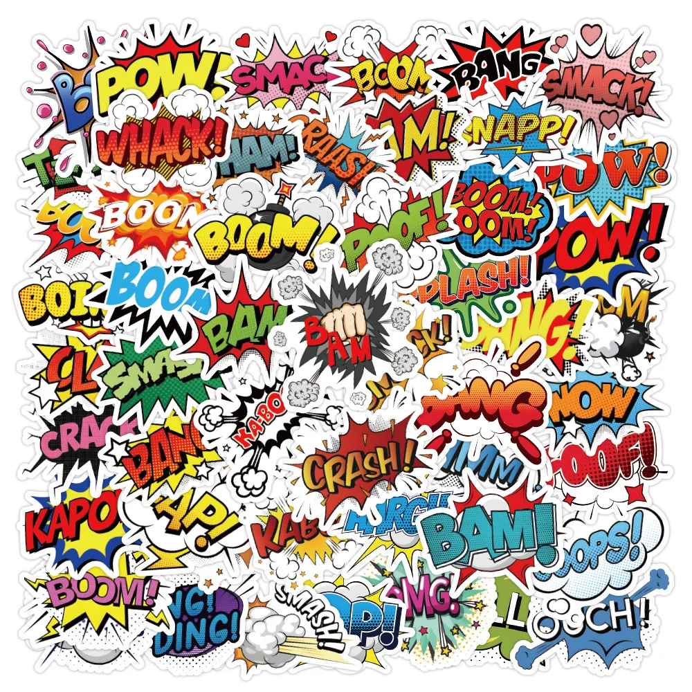 50/100Pcs INS English Boom Hello OMG BAM CRASH POW Stickers PVC Waterproof Stickers Decals For Kids Boys Girls Toys Gifts