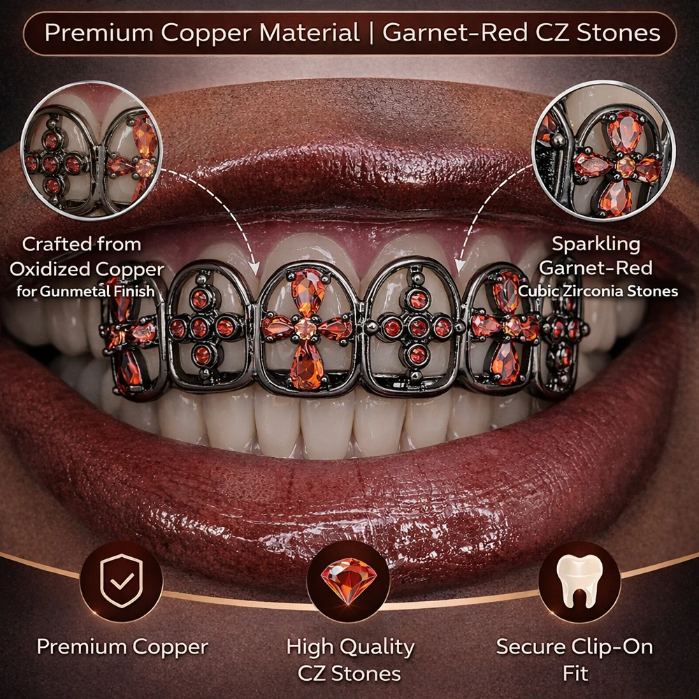 TOPGRILLZ Gothic Cross Flower Red Zircon Teeth Grillz Black Color CZ Stone Tooth Caps For Women Men Christmas Jewelry Gift