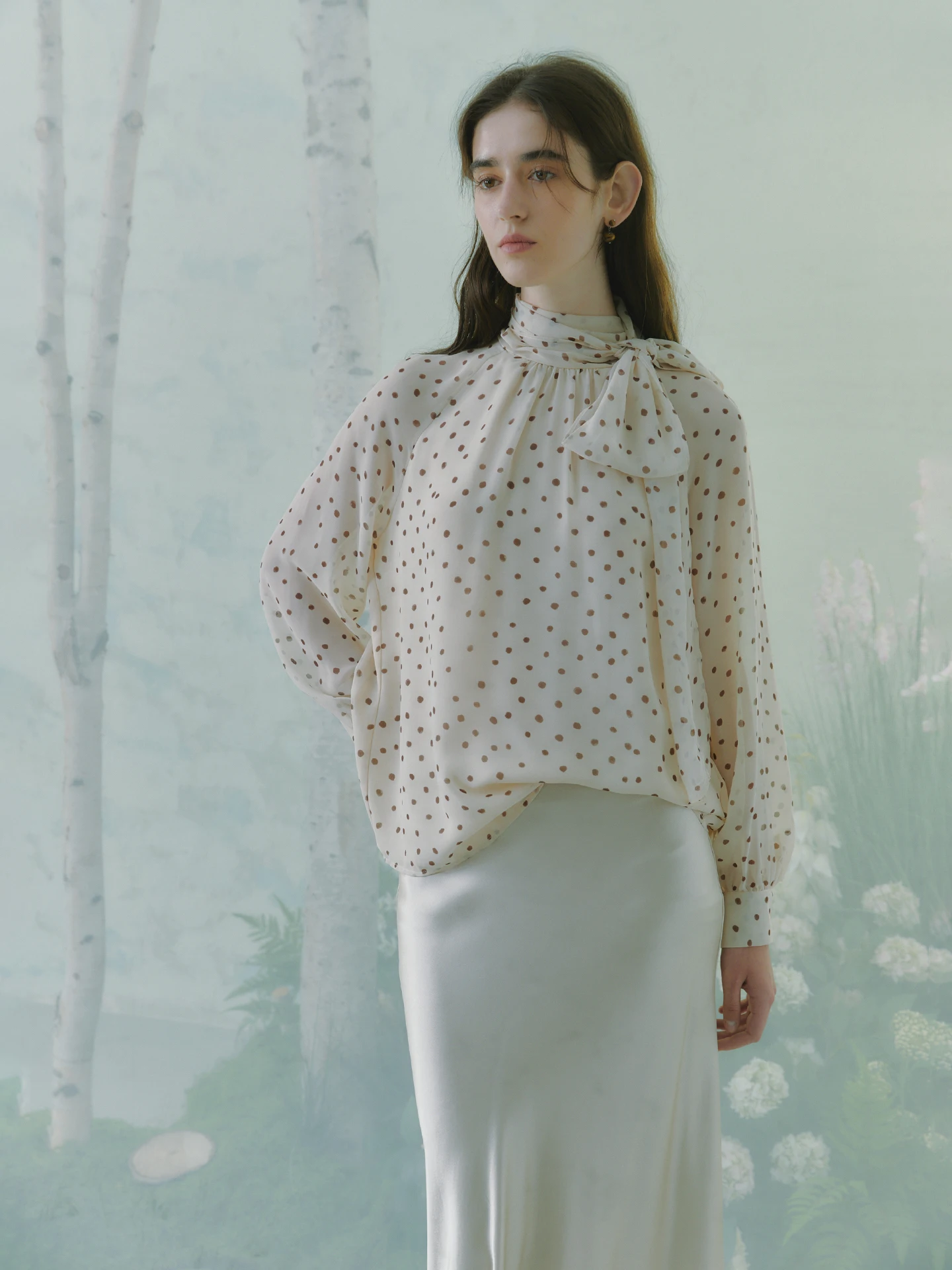 

Oz Retro Polka Dot Print Sash Long Sleeve Shirt Women's Loose Fit French Style Breathable Polyester Spring Summer