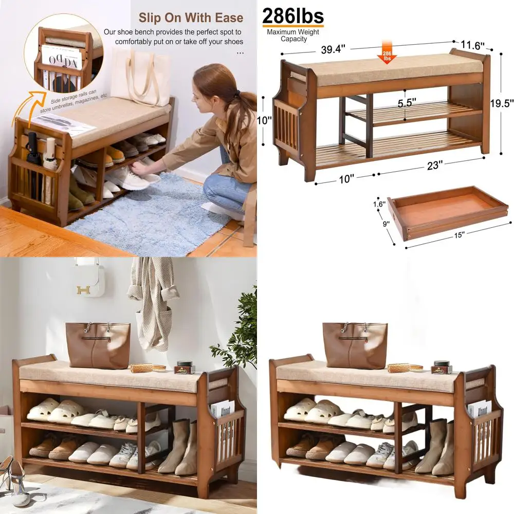

2-Tier Bamboo Shoe Bench with Storage and Cushion for Entryway, Hallway, Living Room, and Bedroom