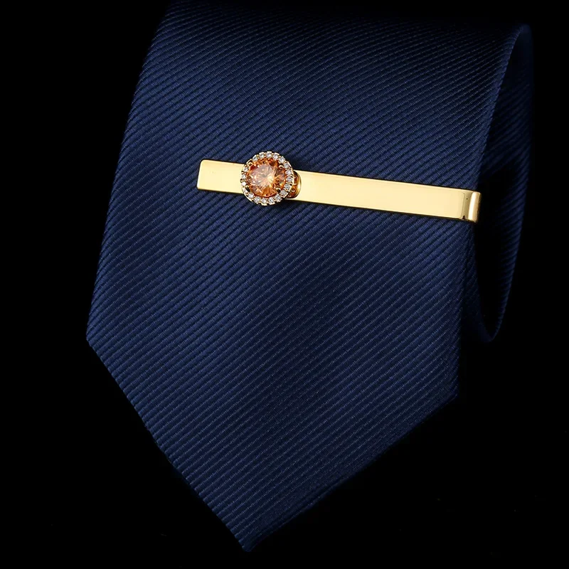 Elegant and Luxury Men's Crystal Zircon Tie Clip with Gold Swallow Round Crystal Tie Accessories Collar Clip