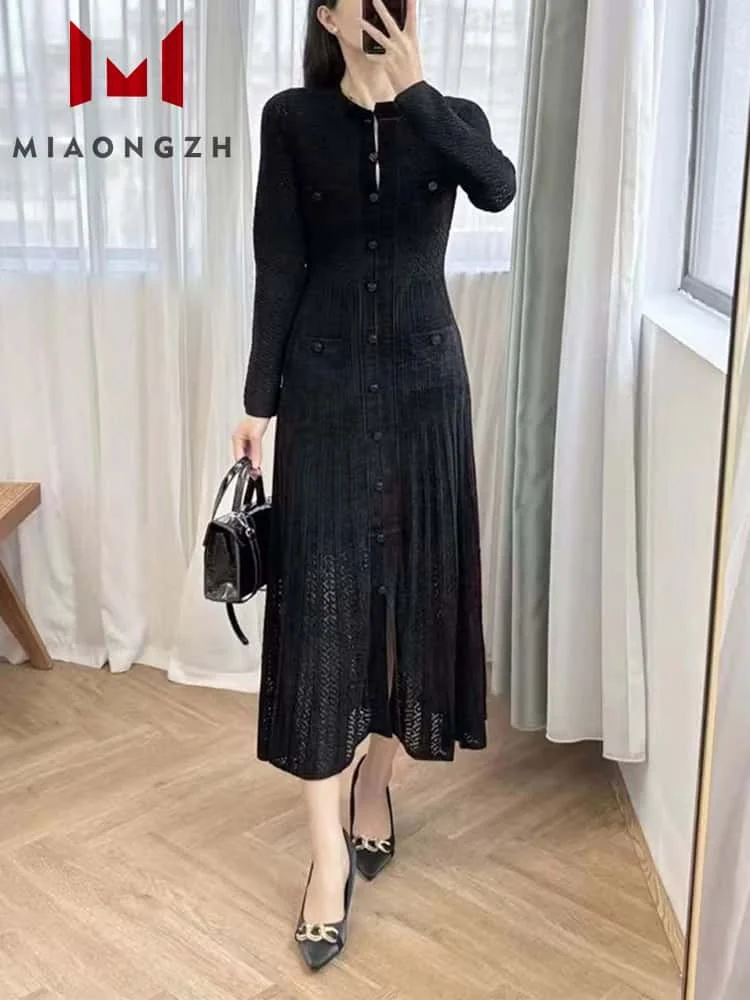 2025 New Elegant Black Hollow Out Knitted Party Dress O Neck Long Sleeve Single Breasted Slim High Waist Fashion Robe Streetwear