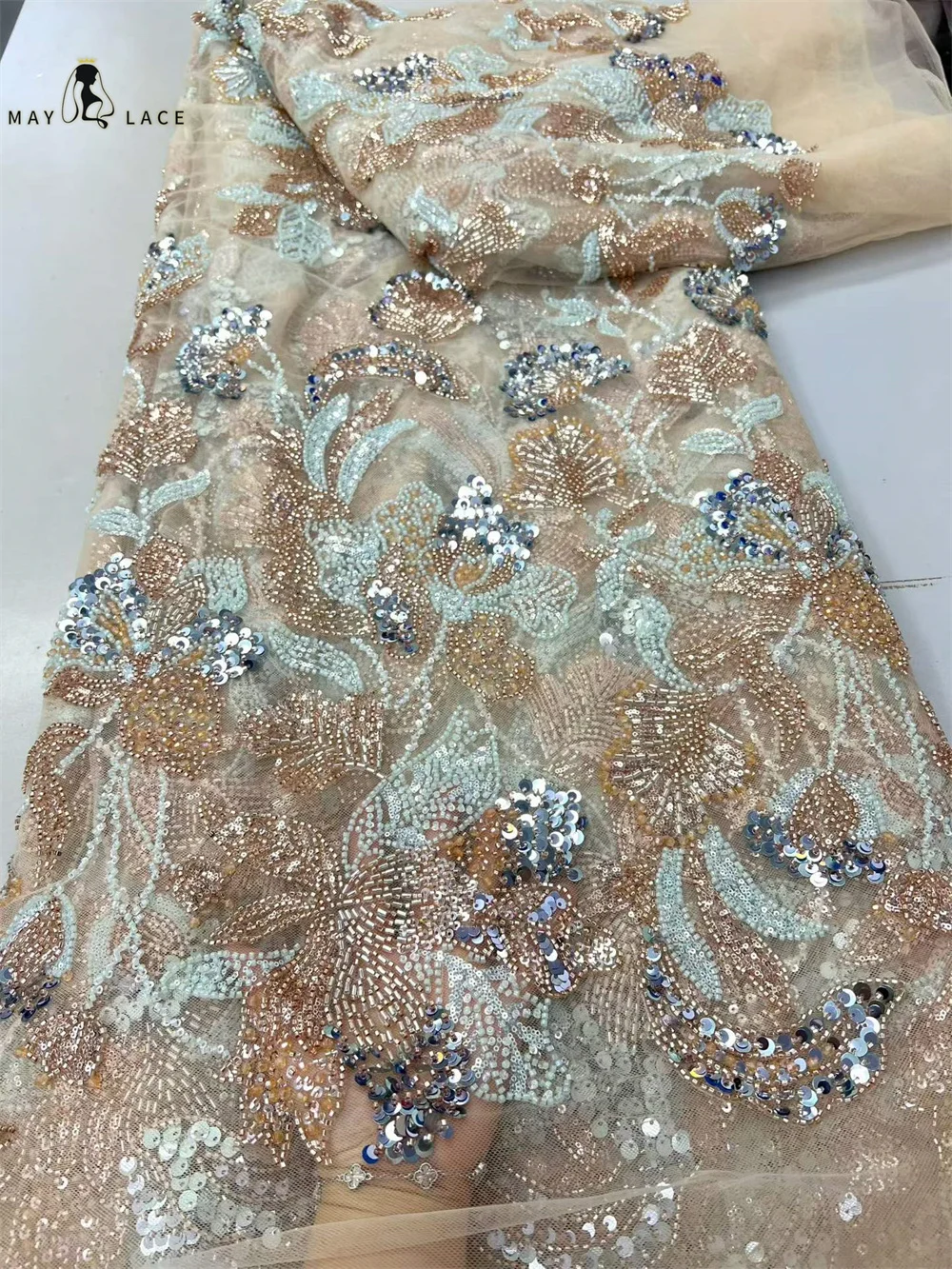 

New Arrival 2026 High Quality Sequins Beaded Fabric Women's Evening Dress French Mesh Lace Fabric Nigerian for African Wedding