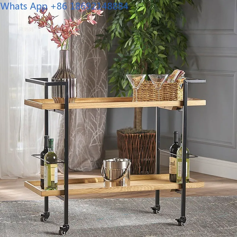 

Kitchen Bar Cart Solid Wood Dining Cart Iron Art Storage Rack Hot Pot Restaurant Mobile Side Table Home Use Push Cart