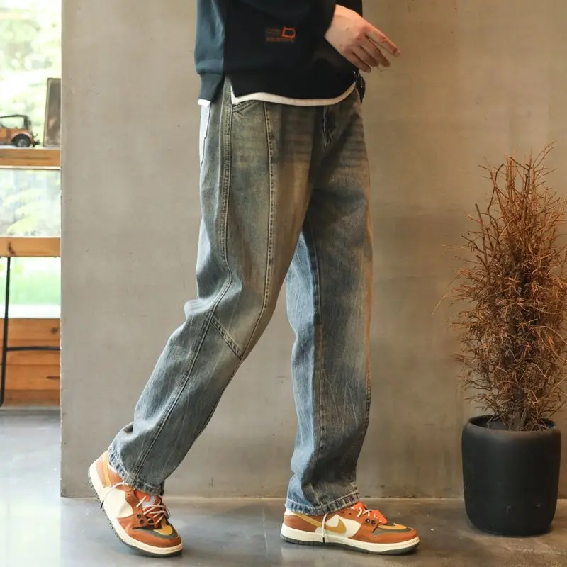 

Мужские прямые джинсы свободного кроя, струящиеся, весенне-осенние, в американском уличном стиле, повседневные, классические синие, из денима, со средней посадкой