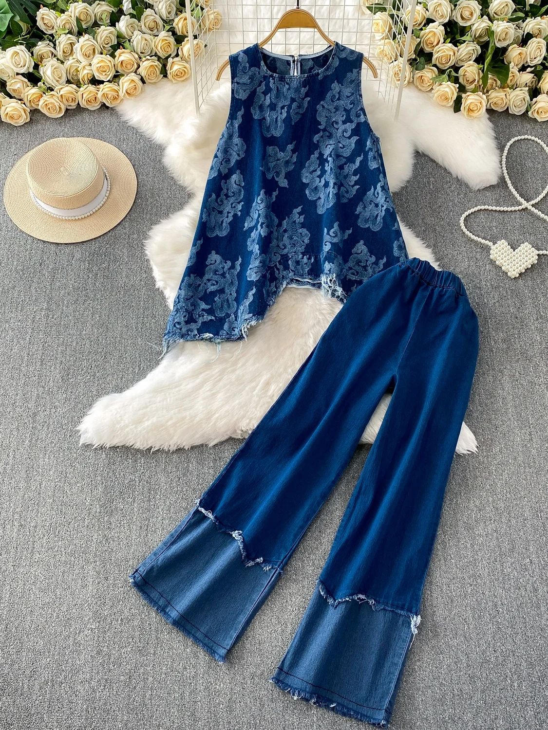 

Ele Embroidered Svel Vest with Tassel Design High Waist Slimming Wide Leg Pants Set Faionable Two-Piece Women's E...