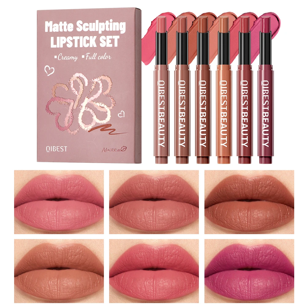 QIBEST Matte Lipstick Sets Long Lasting Moisturizing Nude Sculpting Lipstick Pencil Makeup Velvet Lip Stain Hydrating Lip Tint