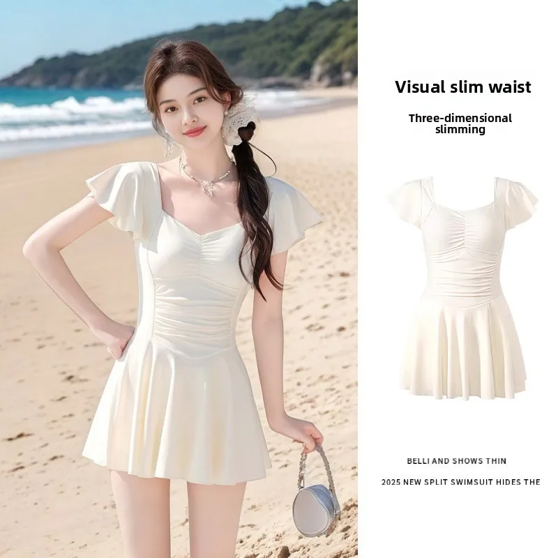 

Conservative Slimming One-Piece Swimsuit Women's Sexy Skirt Style High End Vacation Hot Spring Swimwear Short Sleeve Polyester