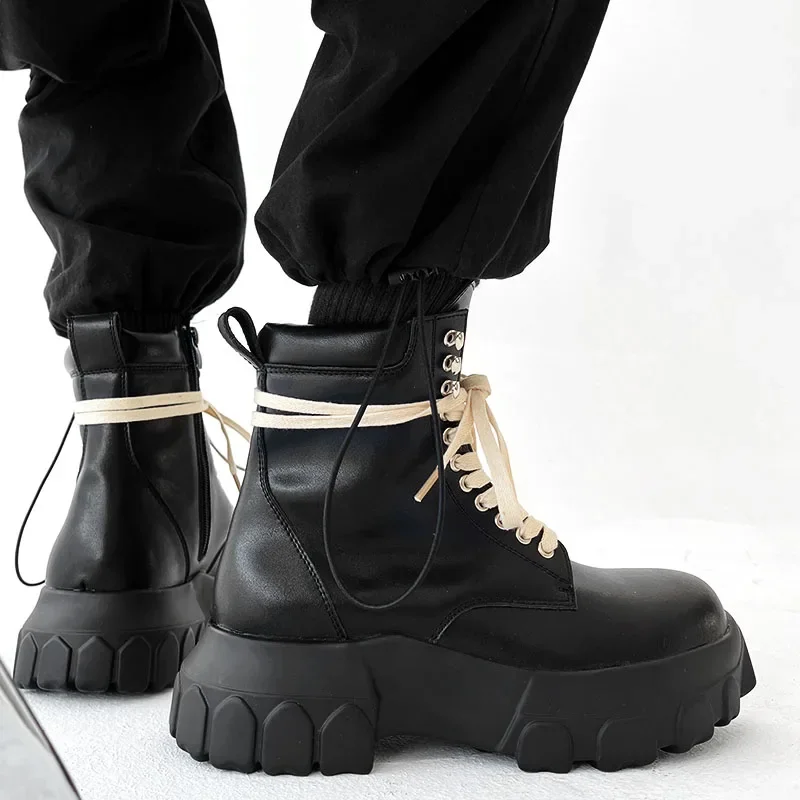 Luxury Brand Design Chunky High Top Boot for Men Fashion Short Motorcycle Boots Platform Lace Up Men Leather Sneakers