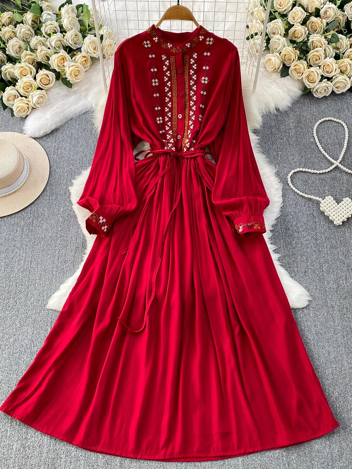 레트로 자수 라운드넥 드레스 여성 여름 허리끈 슬림 A - Ethnic Fashion Dress 리뷰 및 가격