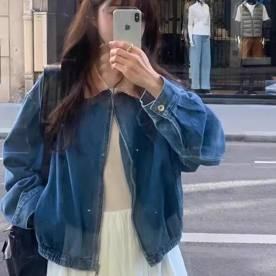 

Vintage Loose Fit Casual Denim Jaet Turn-down Collar Zipper Closure Anti-aging Women's Outerwear Autumn Collection