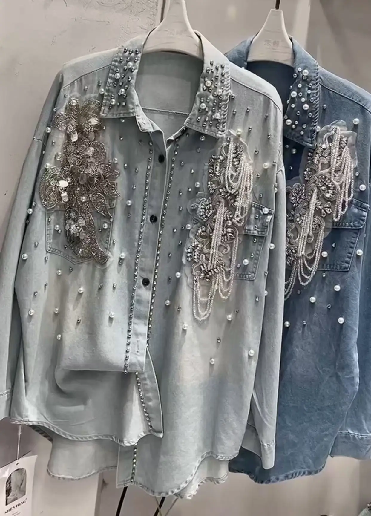 New In 2024 Autumn Trend Crystal tassel Stitch Denim Shirts and Blouses Women\'s Loose Casual Denim Top Jacket Woman Clothes