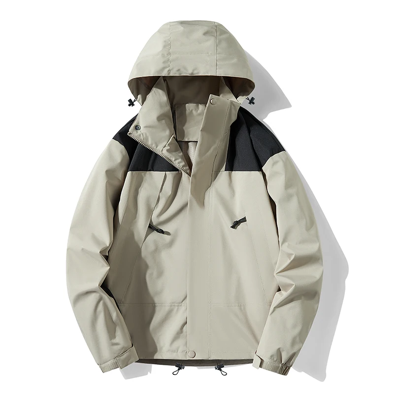 Plus Size Unisex Color‑Block Outdoor Jacket Waterproof Wind‑Resistant Adjustable Hood Zip Pockets Loose Casual Hiking Climbing H