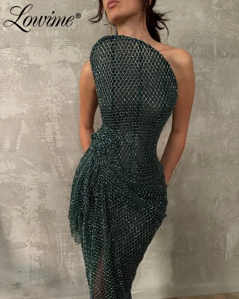 Green Long Prom Dresses Strapless High Split Side Mermaid Party Gowns Heavy Beads Arabic Evening Dress Engagement Evening Wear