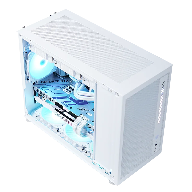 Vendita calda Design Striscia Pannello a rete Computer da gioco Custodia ATX Custodia per PC Telaio in vetro trasparente laterale