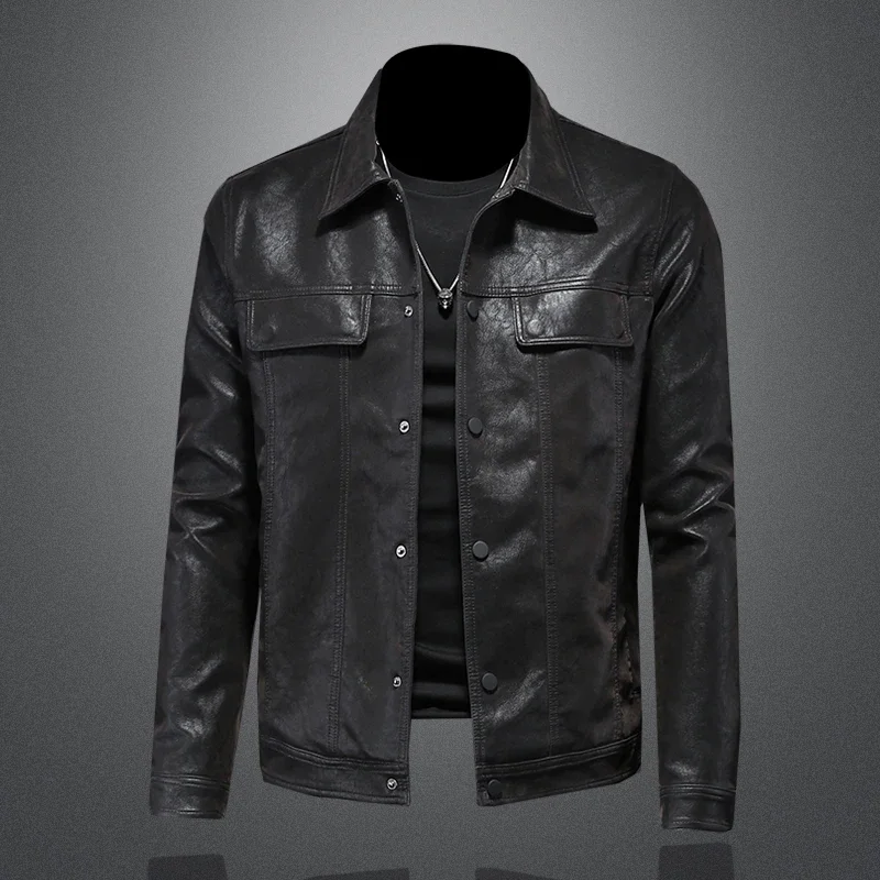 2024 Autumn Winter New Men's Fashion Handsome with Solid Color Lapel Motorcycle Leather Coat Slim Stylish Man  M-4XL