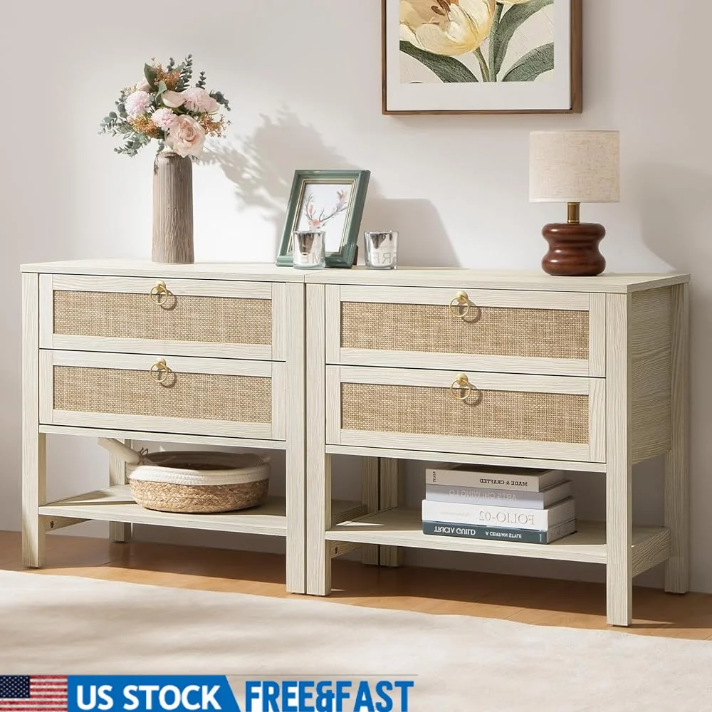 

Набор из 2 тумбочек с ящиками, прикроватные тумбочки из ротанга, полка для хранения, узкие приставные столики в стиле бохо, спальня, гостиная