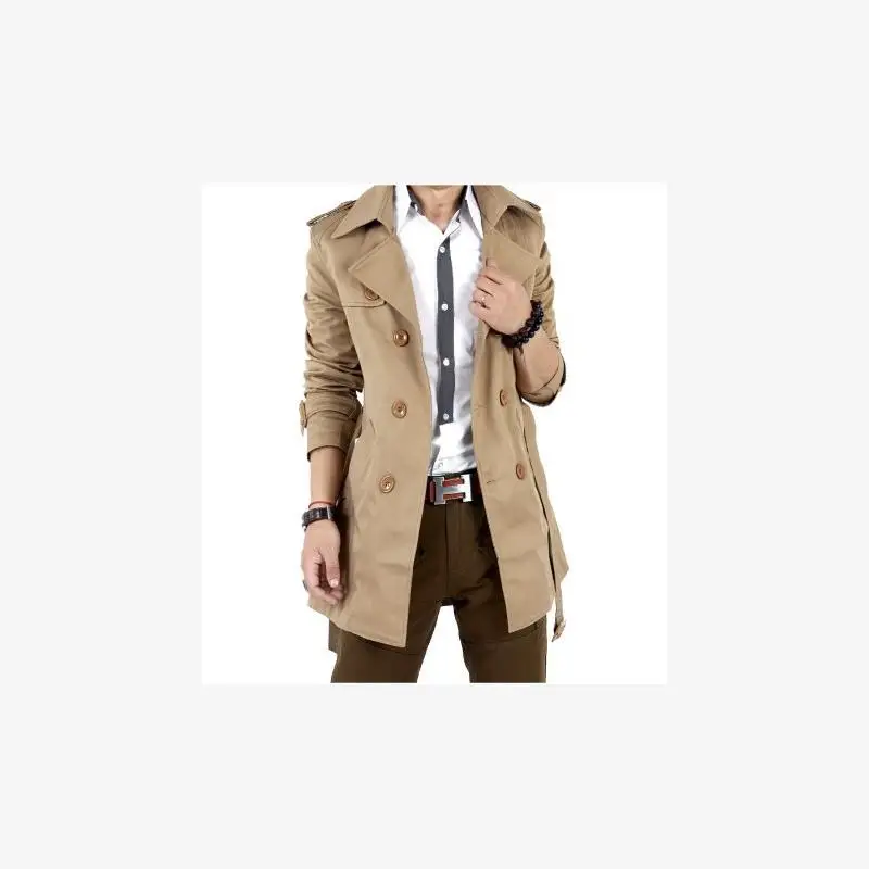 Men's Medium Long Double-Breasted Trench Coat Ultra Slim Fit Raincoat Summer Season Pure Color Zipper Closure Windbreaker